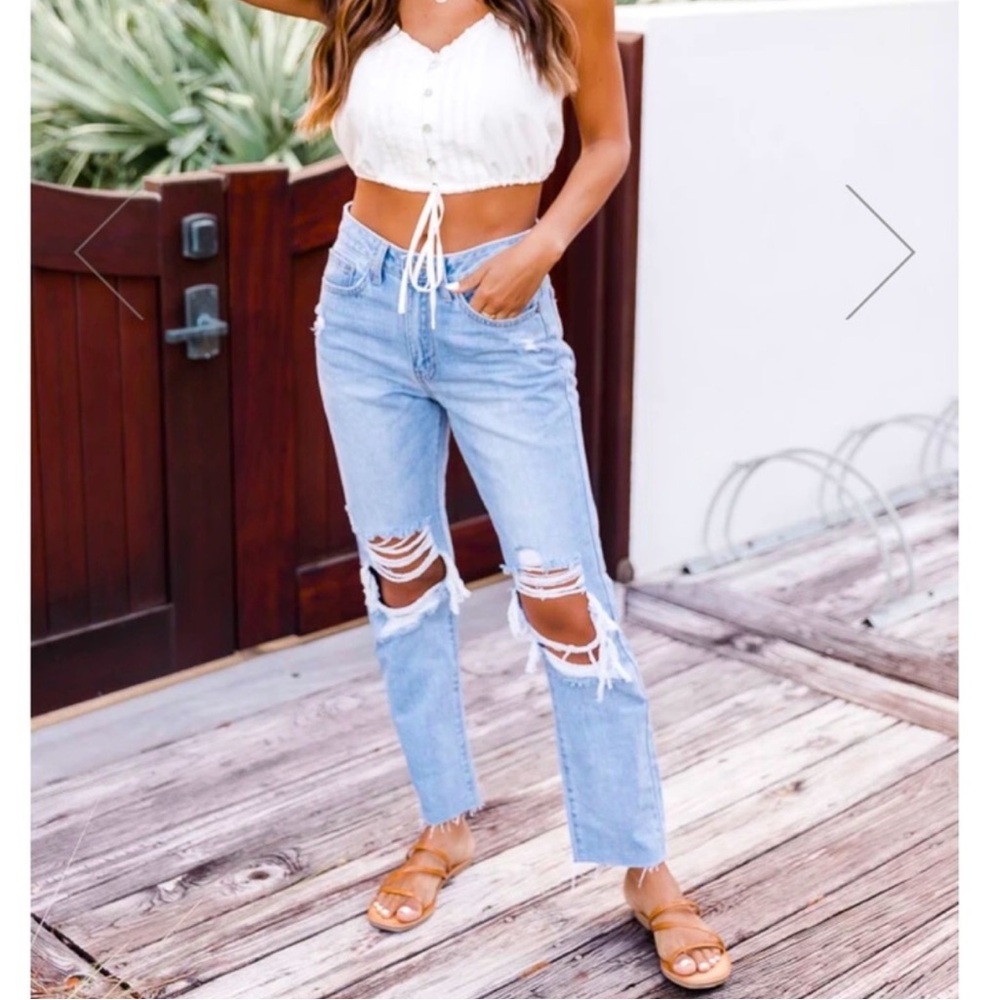 Pink Lily Gina Just USA Distressed Light Wash High Rise Denim Mom Blue Jeans
